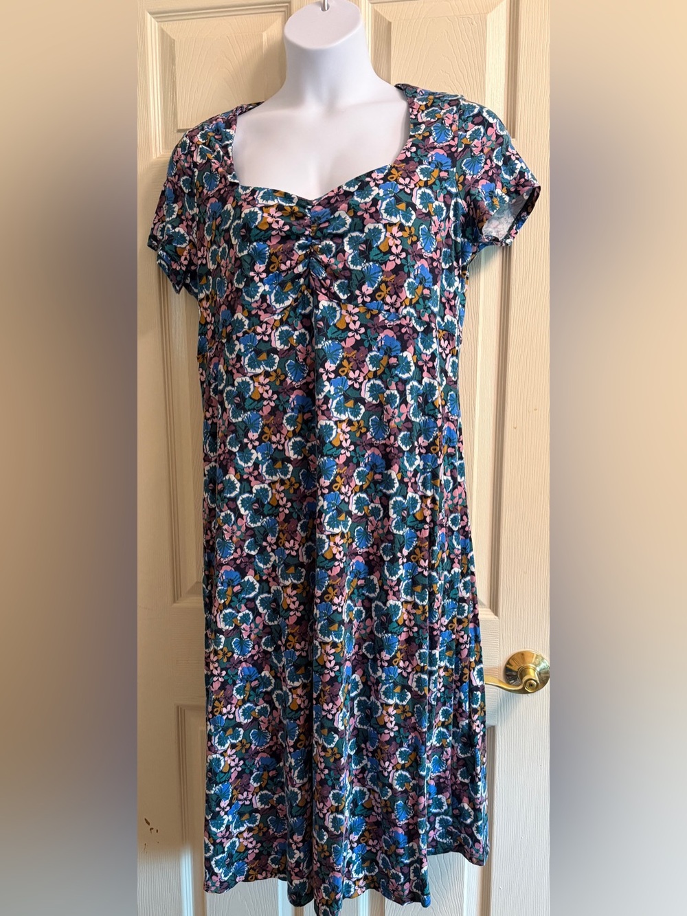 Seasalt Cornwall Sweetheart Neck Midi Dress in Teal and Pink Organic Cotton